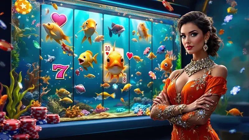 Layar slot mobile dengan reel, simbol, dan efek cahaya